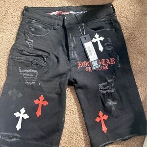 Men's Black Jean Shorts with Cross Design